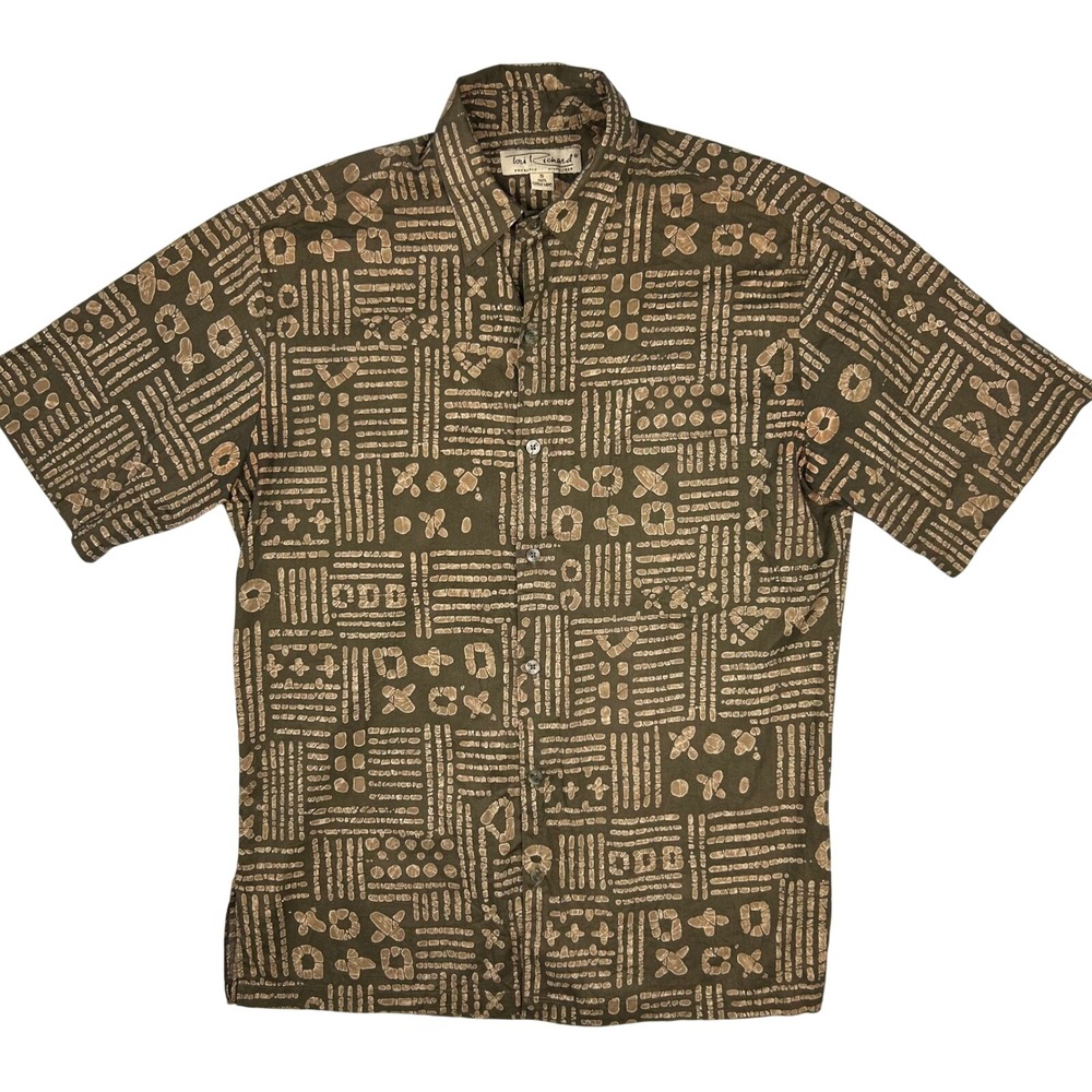 Tori Richard Mens Brown Cotton Lawn Geometric Block Print Aloha Shirt Small